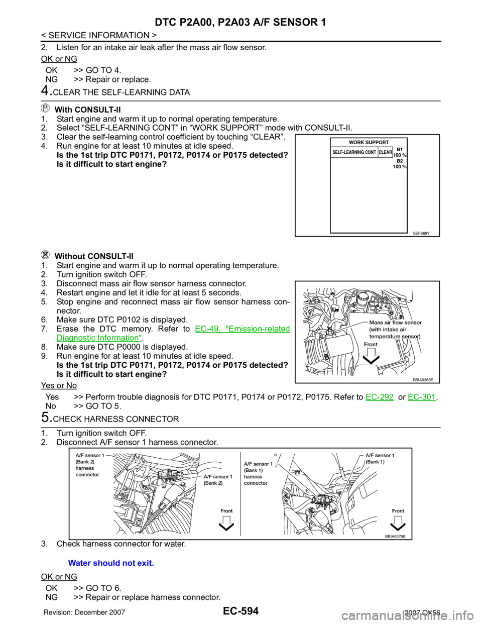 INFINITI QX56 2007 Factory Service Manual EC-594
< SERVICE INFORMATION >
DTC P2A00, P2A03 A/F SENSOR 1
2. Listen for an intake air leak after the mass air flow sensor.
OK or NG
OK >> GO TO 4.
NG >> Repair or replace.
4.CLEAR THE SELF-LEARNING INFINITI QX56 2007 Factory Service Manual EC-594
< SERVICE INFORMATION >
DTC P2A00, P2A03 A/F SENSOR 1
2. Listen for an intake air leak after the mass air flow sensor.
OK or NG
OK >> GO TO 4.
NG >> Repair or replace.
4.CLEAR THE SELF-LEARNING