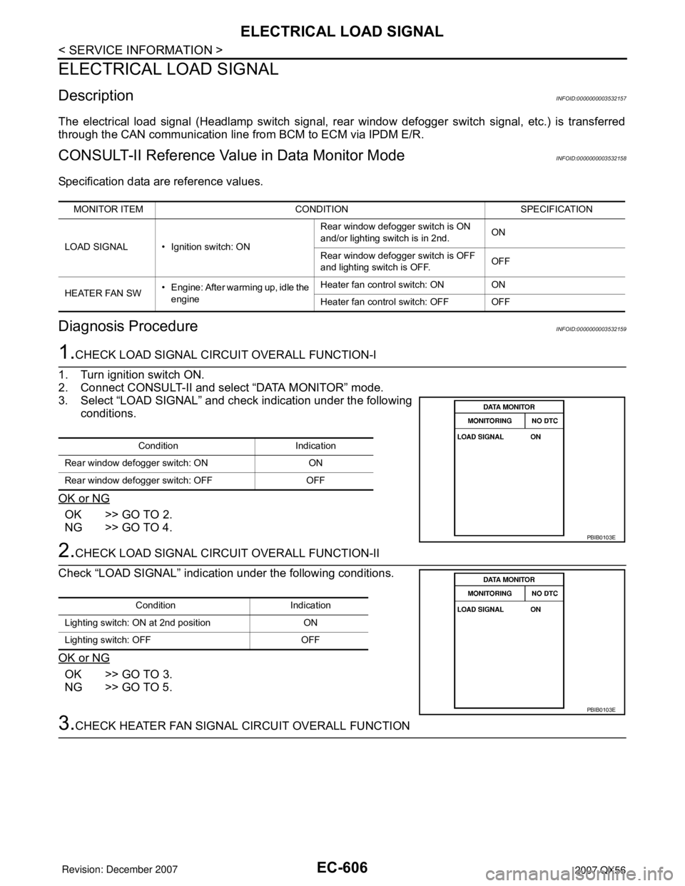 INFINITI QX56 2007  Factory Service Manual EC-606
< SERVICE INFORMATION >
ELECTRICAL LOAD SIGNAL
ELECTRICAL LOAD SIGNAL
DescriptionINFOID:0000000003532157
The electrical load signal (Headlamp switch signal, rear window defogger switch signal, 