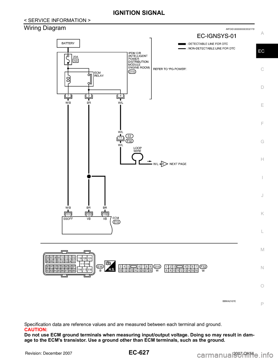 INFINITI QX56 2007  Factory Service Manual IGNITION SIGNAL
EC-627
< SERVICE INFORMATION >
C
D
E
F
G
H
I
J
K
L
MA
EC
N
P O
Wiring DiagramINFOID:0000000003532178
Specification data are reference values and are measured between each terminal and 