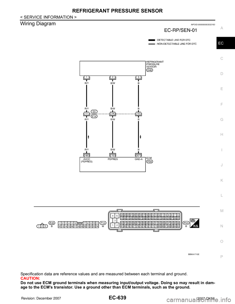 INFINITI QX56 2007  Factory Service Manual REFRIGERANT PRESSURE SENSOR
EC-639
< SERVICE INFORMATION >
C
D
E
F
G
H
I
J
K
L
MA
EC
N
P O
Wiring DiagramINFOID:0000000003532183
Specification data are reference values and are measured between each t