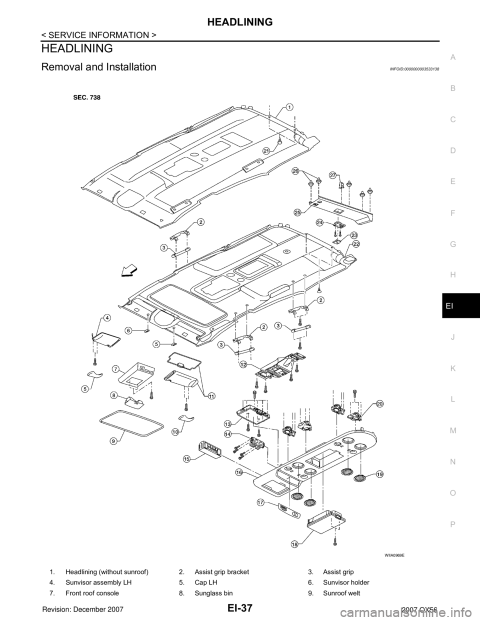 INFINITI QX56 2007  Factory Service Manual HEADLINING
EI-37
< SERVICE INFORMATION >
C
D
E
F
G
H
J
K
L
MA
B
EI
N
O
P
HEADLINING
Removal and InstallationINFOID:0000000003533138
1. Headlining (without sunroof) 2. Assist grip bracket 3. Assist gri