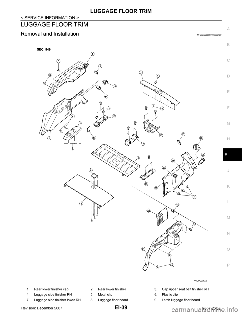 INFINITI QX56 2007  Factory Service Manual LUGGAGE FLOOR TRIM
EI-39
< SERVICE INFORMATION >
C
D
E
F
G
H
J
K
L
MA
B
EI
N
O
P
LUGGAGE FLOOR TRIM
Removal and InstallationINFOID:0000000003533139
1. Rear lower finisher cap 2. Rear lower finisher 3.