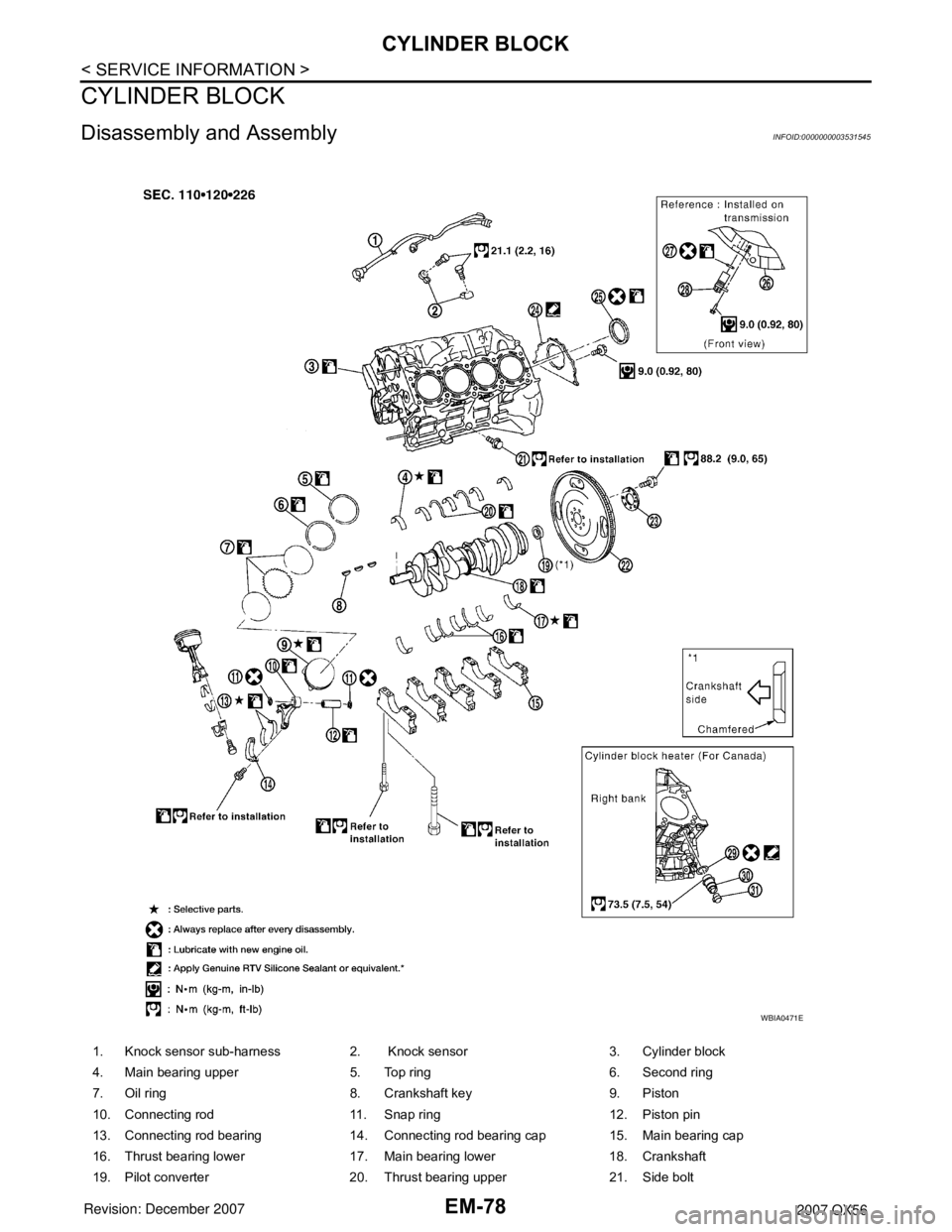INFINITI QX56 2007  Factory Service Manual EM-78
< SERVICE INFORMATION >
CYLINDER BLOCK
CYLINDER BLOCK
Disassembly and AssemblyINFOID:0000000003531545
1. Knock sensor sub-harness 2.  Knock sensor 3. Cylinder block
4. Main bearing upper 5. Top 