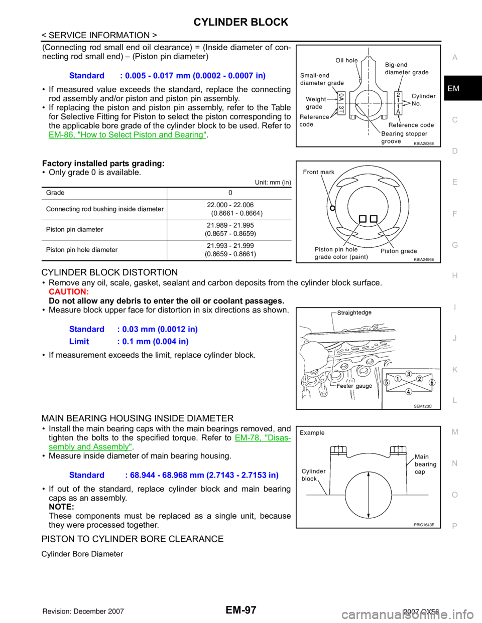 INFINITI QX56 2007 Factory Service Manual CYLINDER BLOCK
EM-97
< SERVICE INFORMATION >
C
D
E
F
G
H
I
J
K
L
MA
EM
N
P O
(Connecting rod small end oil clearance) = (Inside diameter of con-
necting rod small end) – (Piston pin diameter)
• If INFINITI QX56 2007 Factory Service Manual CYLINDER BLOCK
EM-97
< SERVICE INFORMATION >
C
D
E
F
G
H
I
J
K
L
MA
EM
N
P O
(Connecting rod small end oil clearance) = (Inside diameter of con-
necting rod small end) – (Piston pin diameter)
• If