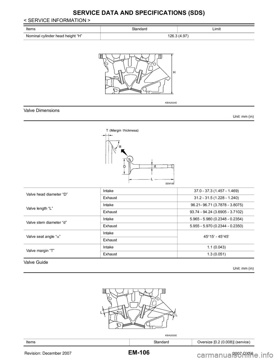 INFINITI QX56 2007  Factory Service Manual EM-106
< SERVICE INFORMATION >
SERVICE DATA AND SPECIFICATIONS (SDS)
Valve Dimensions
Unit: mm (in)
Valve Guide
Unit: mm (in)
Nominal cylinder head height “H” 126.3 (4.97) Items Standard Limit
KBI