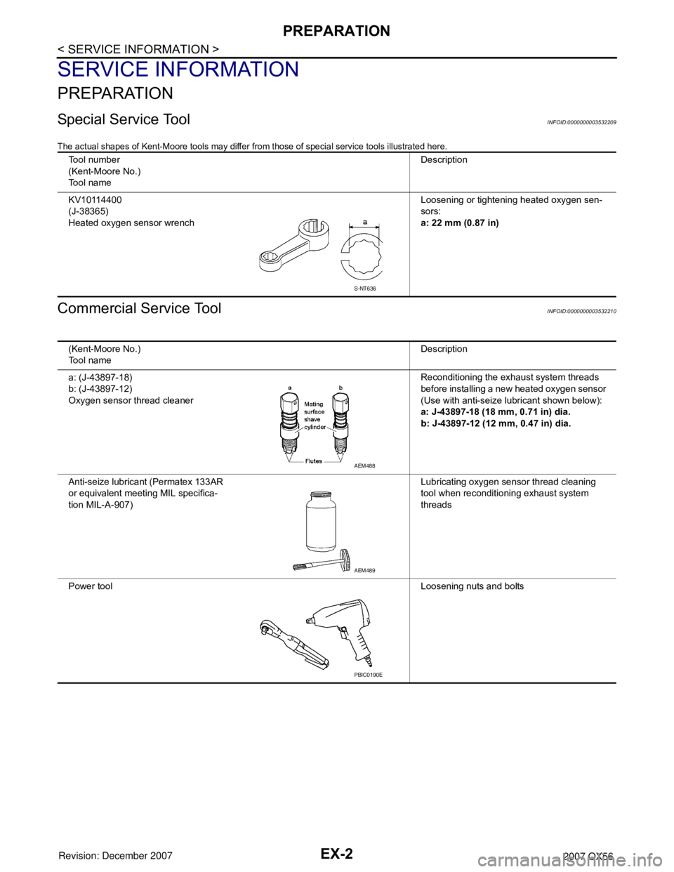 INFINITI QX56 2007 Factory Service Manual
EX-2
< SERVICE INFORMATION >
PREPARATION
SERVICE INFORMATION
PREPARATION
Special Service ToolINFOID:0000000003532209
The actual shapes of Kent-Moore tools may differ from those of special service too INFINITI QX56 2007 Factory Service Manual
EX-2
< SERVICE INFORMATION >
PREPARATION
SERVICE INFORMATION
PREPARATION
Special Service ToolINFOID:0000000003532209
The actual shapes of Kent-Moore tools may differ from those of special service too