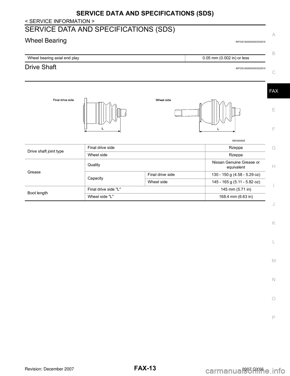 INFINITI QX56 2007  Factory Service Manual SERVICE DATA AND SPECIFICATIONS (SDS)
FAX-13
< SERVICE INFORMATION >
C
E
F
G
H
I
J
K
L
MA
B
FA X
N
O
P
SERVICE DATA AND SPECIFICATIONS (SDS)
Wheel BearingINFOID:0000000003532618
Drive ShaftINFOID:0000