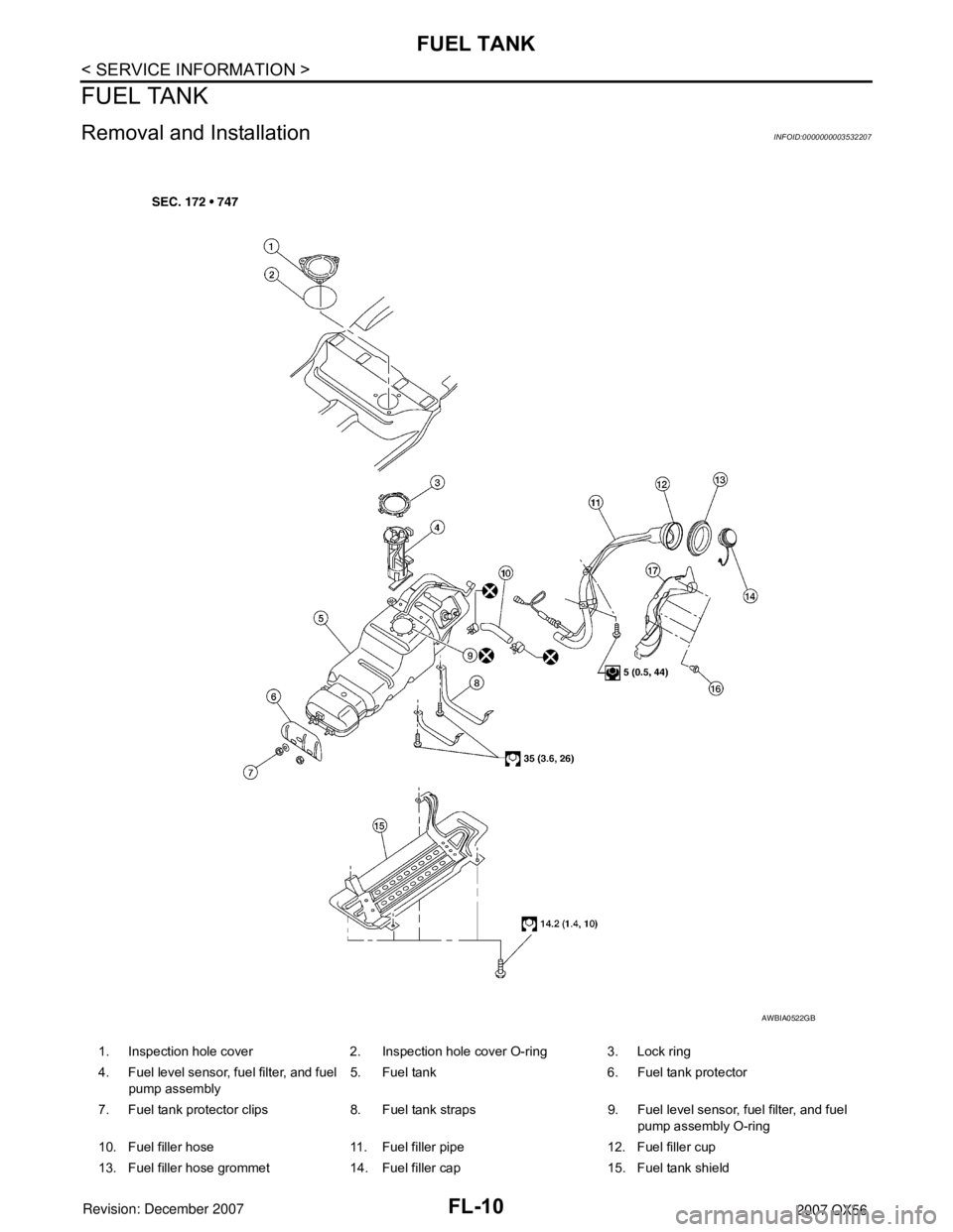 INFINITI QX56 2007  Factory Service Manual FL-10
< SERVICE INFORMATION >
FUEL TANK
FUEL TANK
Removal and InstallationINFOID:0000000003532207
1. Inspection hole cover 2. Inspection hole cover O-ring 3. Lock ring
4. Fuel level sensor, fuel filte