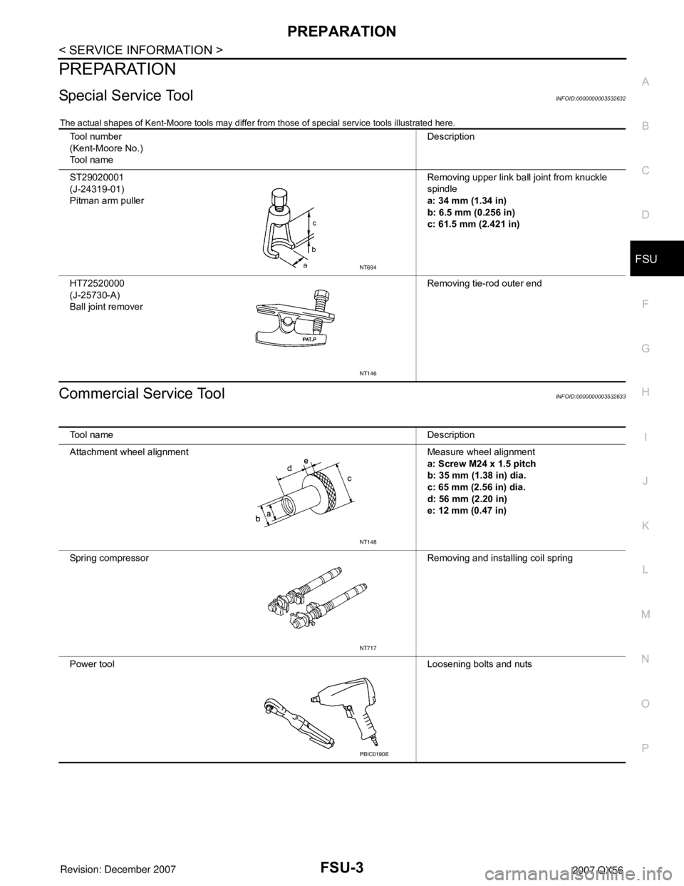 INFINITI QX56 2007  Factory Service Manual PREPARATION
FSU-3
< SERVICE INFORMATION >
C
D
F
G
H
I
J
K
L
MA
B
FSU
N
O
P
PREPARATION
Special Service ToolINFOID:0000000003532632
The actual shapes of Kent-Moore tools may differ from those of specia