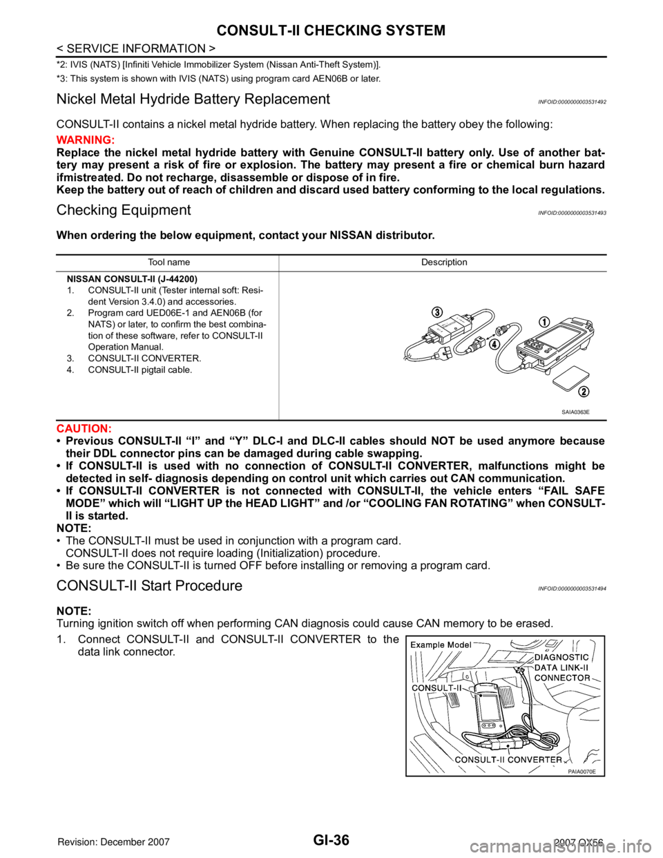 INFINITI QX56 2007  Factory Service Manual GI-36
< SERVICE INFORMATION >
CONSULT-II CHECKING SYSTEM
*2: IVIS (NATS) [Infiniti Vehicle Immobilizer System (Nissan Anti-Theft System)].
*3: This system is shown with IVIS (NATS) using program card 