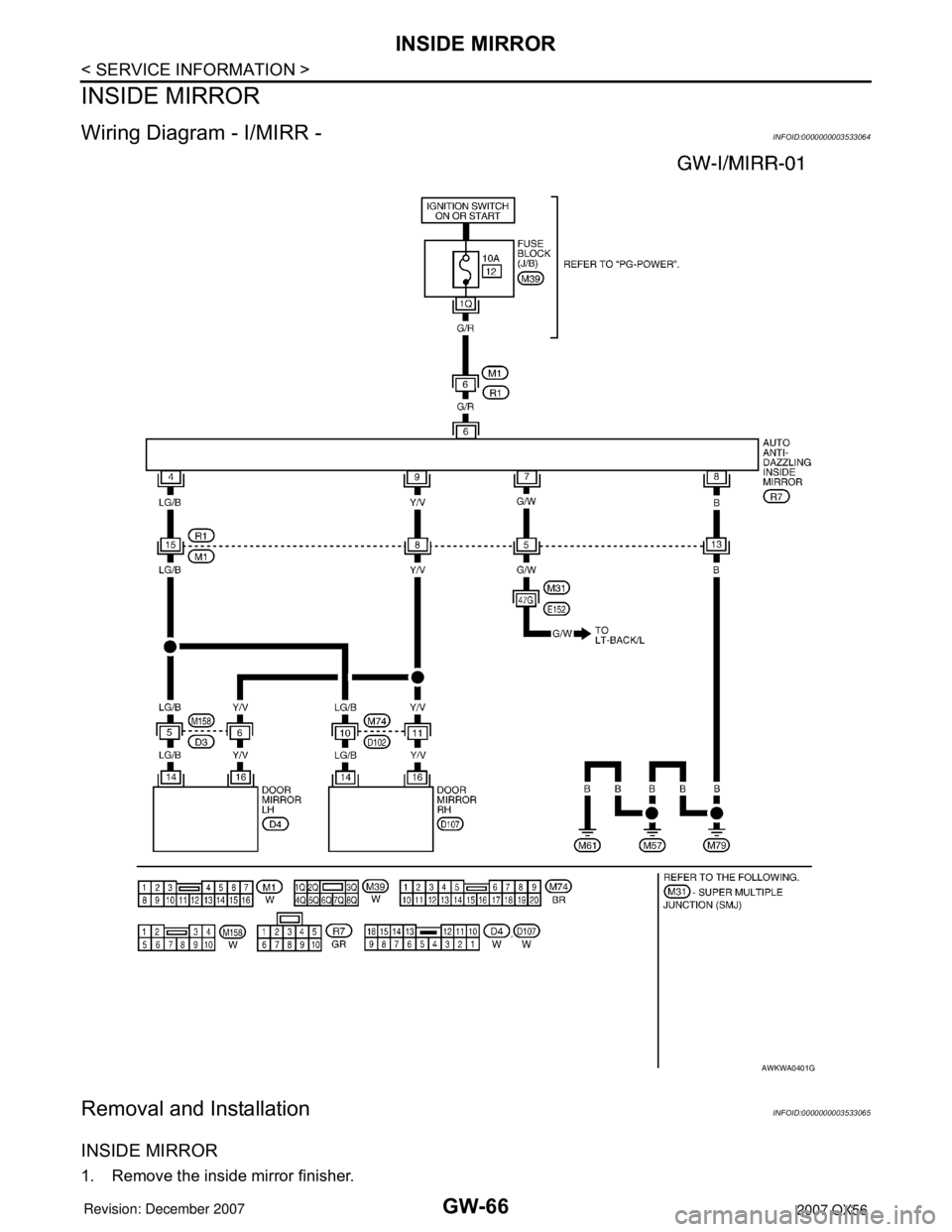 INFINITI QX56 2007  Factory Service Manual GW-66
< SERVICE INFORMATION >
INSIDE MIRROR
INSIDE MIRROR
Wiring Diagram - I/MIRR -INFOID:0000000003533064
Removal and InstallationINFOID:0000000003533065
INSIDE MIRROR
1. Remove the inside mirror fin