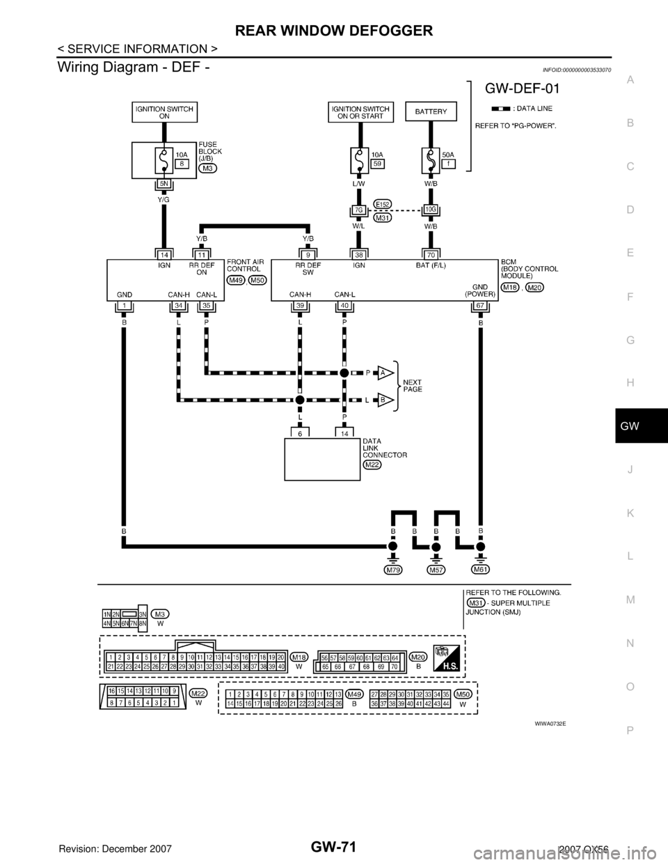 INFINITI QX56 2007  Factory Service Manual REAR WINDOW DEFOGGER
GW-71
< SERVICE INFORMATION >
C
D
E
F
G
H
J
K
L
MA
B
GW
N
O
P
Wiring Diagram - DEF -INFOID:0000000003533070
WIWA0732E 