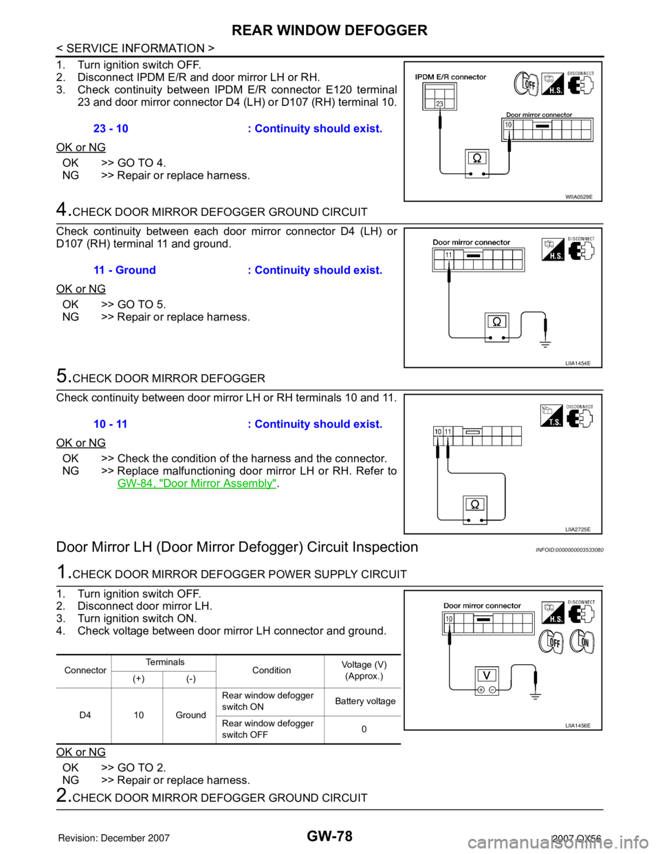INFINITI QX56 2007  Factory Service Manual GW-78
< SERVICE INFORMATION >
REAR WINDOW DEFOGGER
1. Turn ignition switch OFF.
2. Disconnect IPDM E/R and door mirror LH or RH.
3. Check continuity between IPDM E/R connector E120 terminal
23 and doo