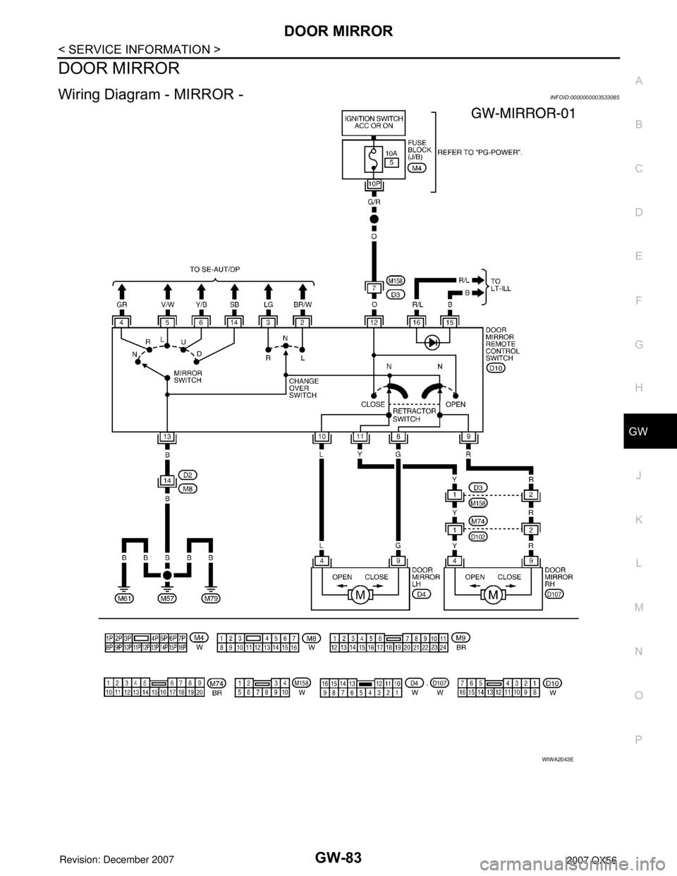 INFINITI QX56 2007  Factory Service Manual DOOR MIRROR
GW-83
< SERVICE INFORMATION >
C
D
E
F
G
H
J
K
L
MA
B
GW
N
O
P
DOOR MIRROR
Wiring Diagram - MIRROR -INFOID:0000000003533085
WIWA2043E 