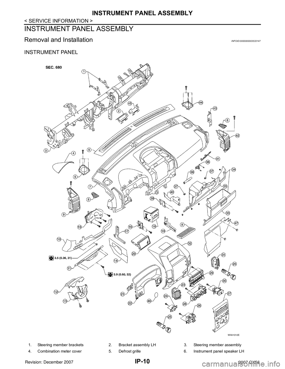 INFINITI QX56 2007  Factory Service Manual IP-10
< SERVICE INFORMATION >
INSTRUMENT PANEL ASSEMBLY
INSTRUMENT PANEL ASSEMBLY
Removal and InstallationINFOID:0000000003533147
INSTRUMENT PANEL
1. Steering member brackets 2. Bracket assembly LH 3.