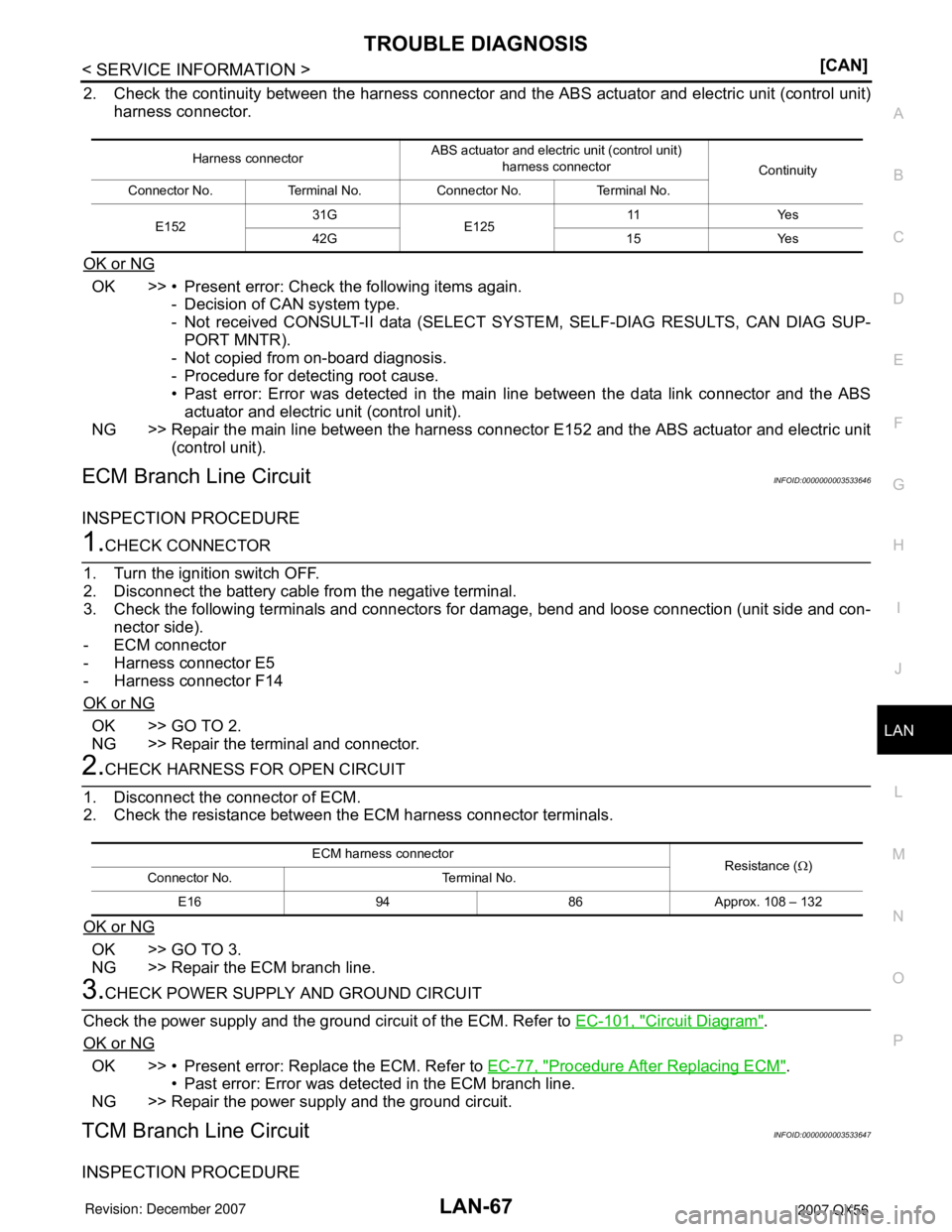 INFINITI QX56 2007  Factory Service Manual TROUBLE DIAGNOSIS
LAN-67
< SERVICE INFORMATION >[CAN]
C
D
E
F
G
H
I
J
L
MA
B
LAN
N
O
P
2. Check the continuity between the harness connector and the ABS actuator and electric unit (control unit)
harne