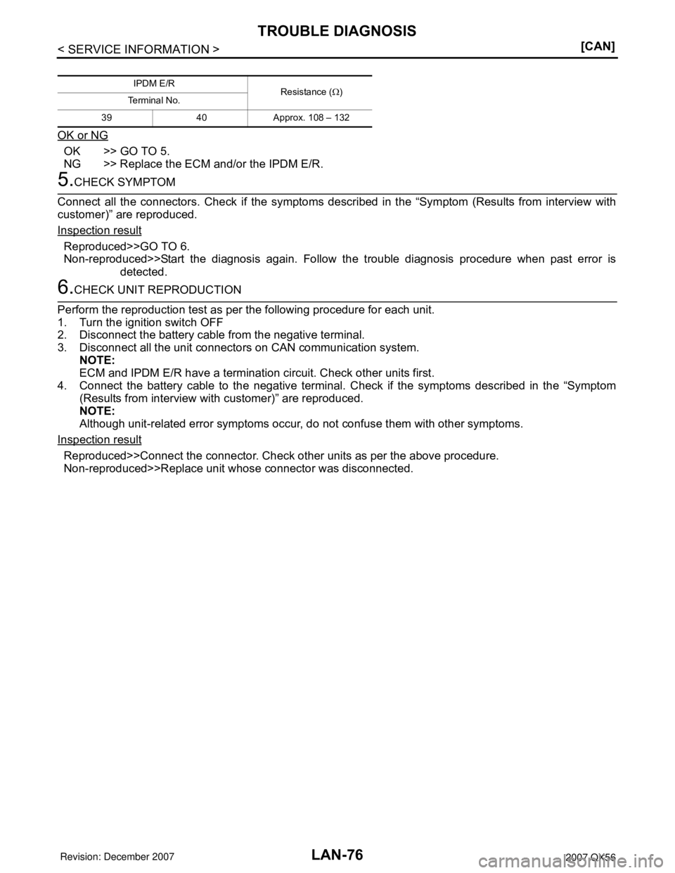 INFINITI QX56 2007  Factory Service Manual LAN-76
< SERVICE INFORMATION >[CAN]
TROUBLE DIAGNOSIS
OK or NG
OK >> GO TO 5.
NG >> Replace the ECM and/or the IPDM E/R.
5.CHECK SYMPTOM
Connect all the connectors. Check if the symptoms described in 