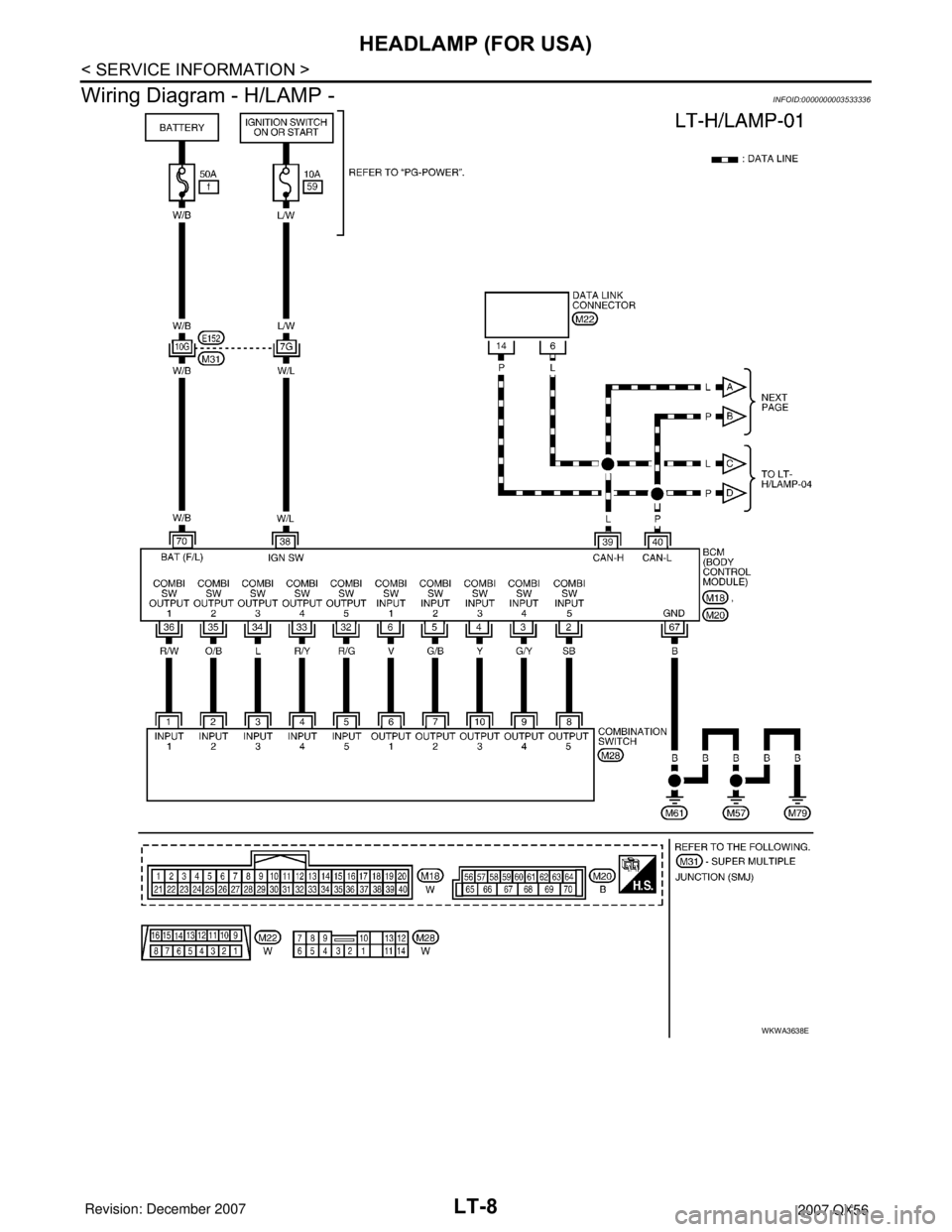 INFINITI QX56 2007  Factory Service Manual LT-8
< SERVICE INFORMATION >
HEADLAMP (FOR USA)
Wiring Diagram - H/LAMP -
INFOID:0000000003533336
WKWA3638E 