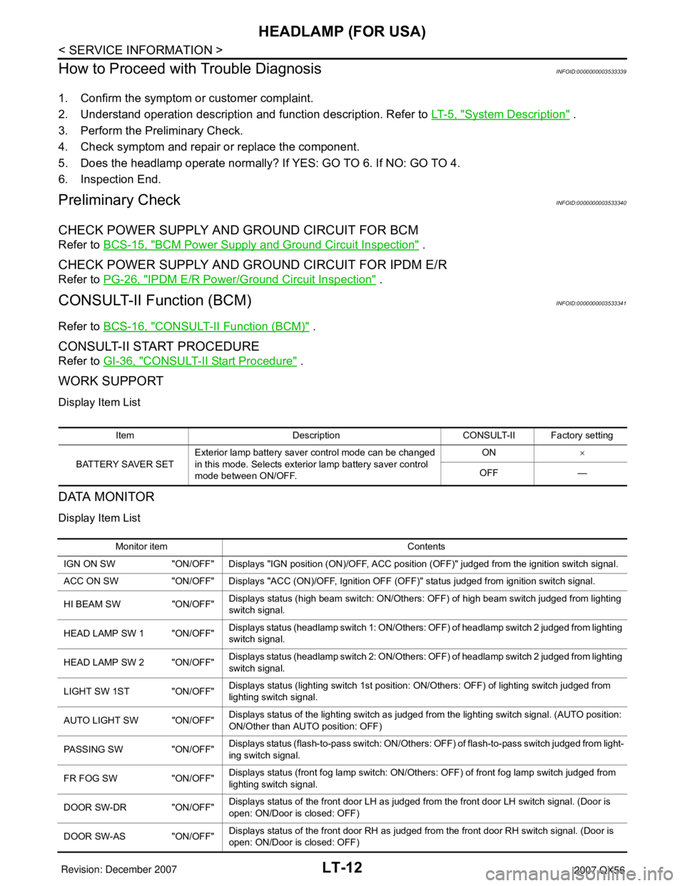 INFINITI QX56 2007 Factory Service Manual LT-12
< SERVICE INFORMATION >
HEADLAMP (FOR USA)
How to Proceed with Trouble Diagnosis
INFOID:0000000003533339
1. Confirm the symptom or customer complaint.
2. Understand operation description and fun INFINITI QX56 2007 Factory Service Manual LT-12
< SERVICE INFORMATION >
HEADLAMP (FOR USA)
How to Proceed with Trouble Diagnosis
INFOID:0000000003533339
1. Confirm the symptom or customer complaint.
2. Understand operation description and fun