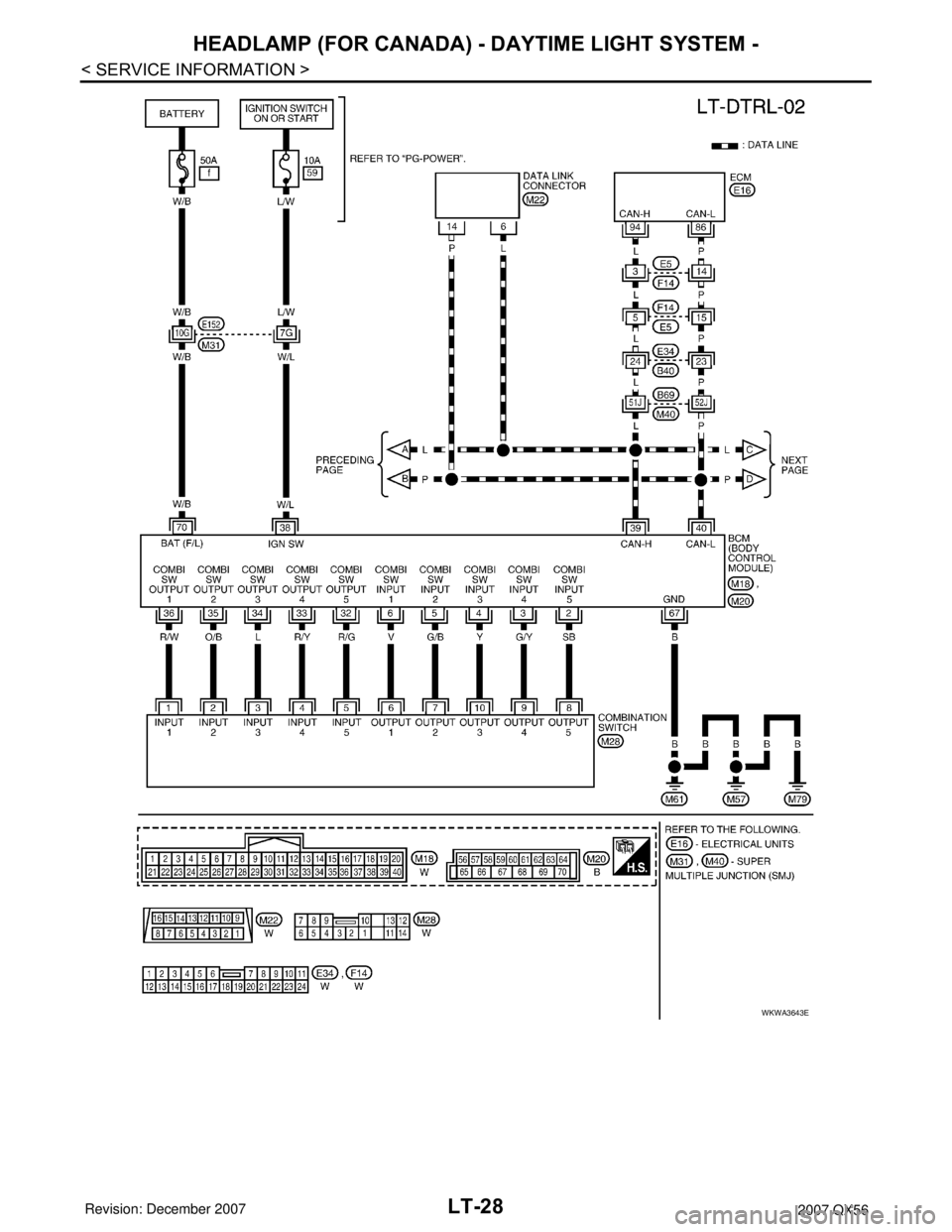 INFINITI QX56 2007  Factory Service Manual LT-28
< SERVICE INFORMATION >
HEADLAMP (FOR CANADA) - DAYTIME LIGHT SYSTEM -
WKWA3643E 