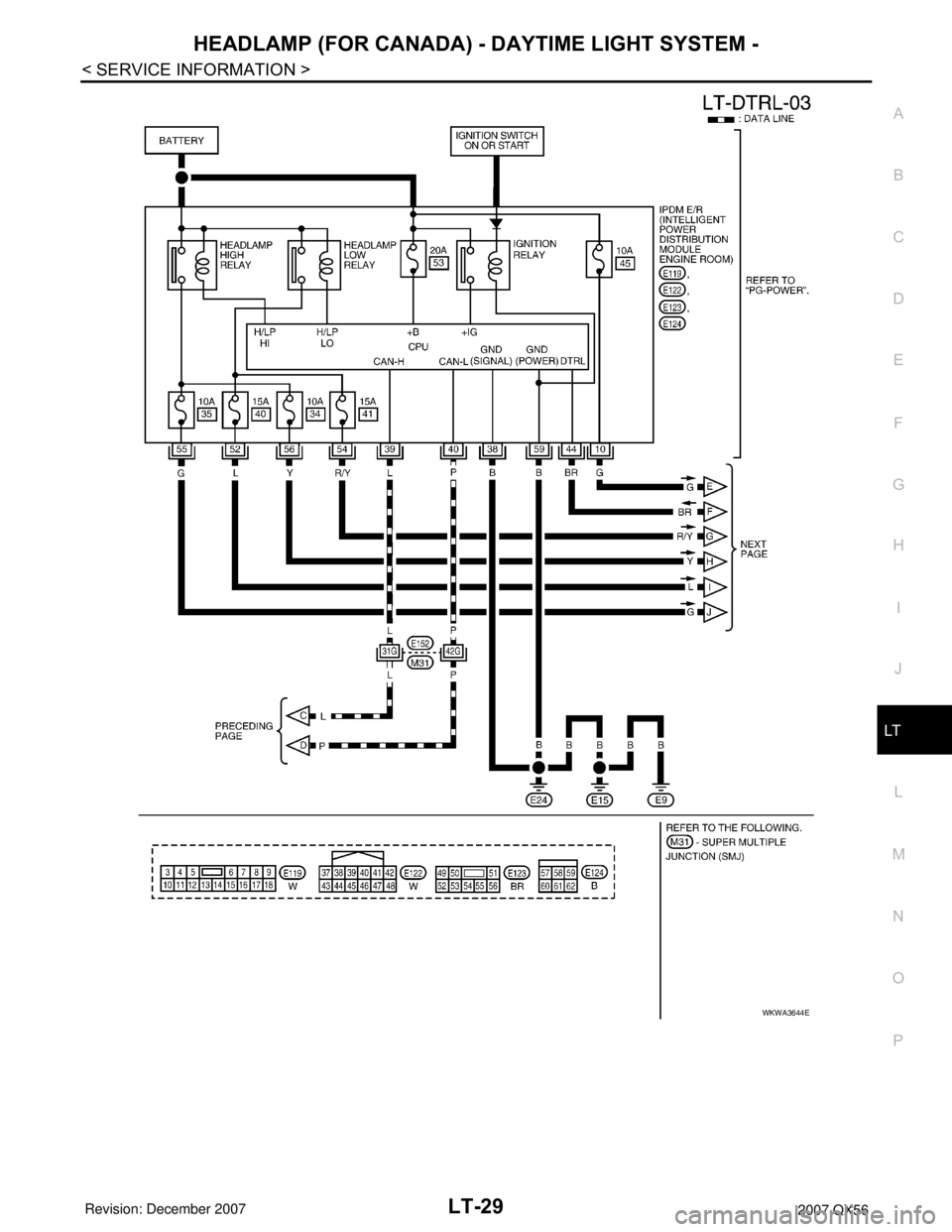 INFINITI QX56 2007  Factory Service Manual HEADLAMP (FOR CANADA) - DAYTIME LIGHT SYSTEM -
LT-29
< SERVICE INFORMATION >
C
D
E
F
G
H
I
J
L
MA
B
LT
N
O
P
WKWA3644E 