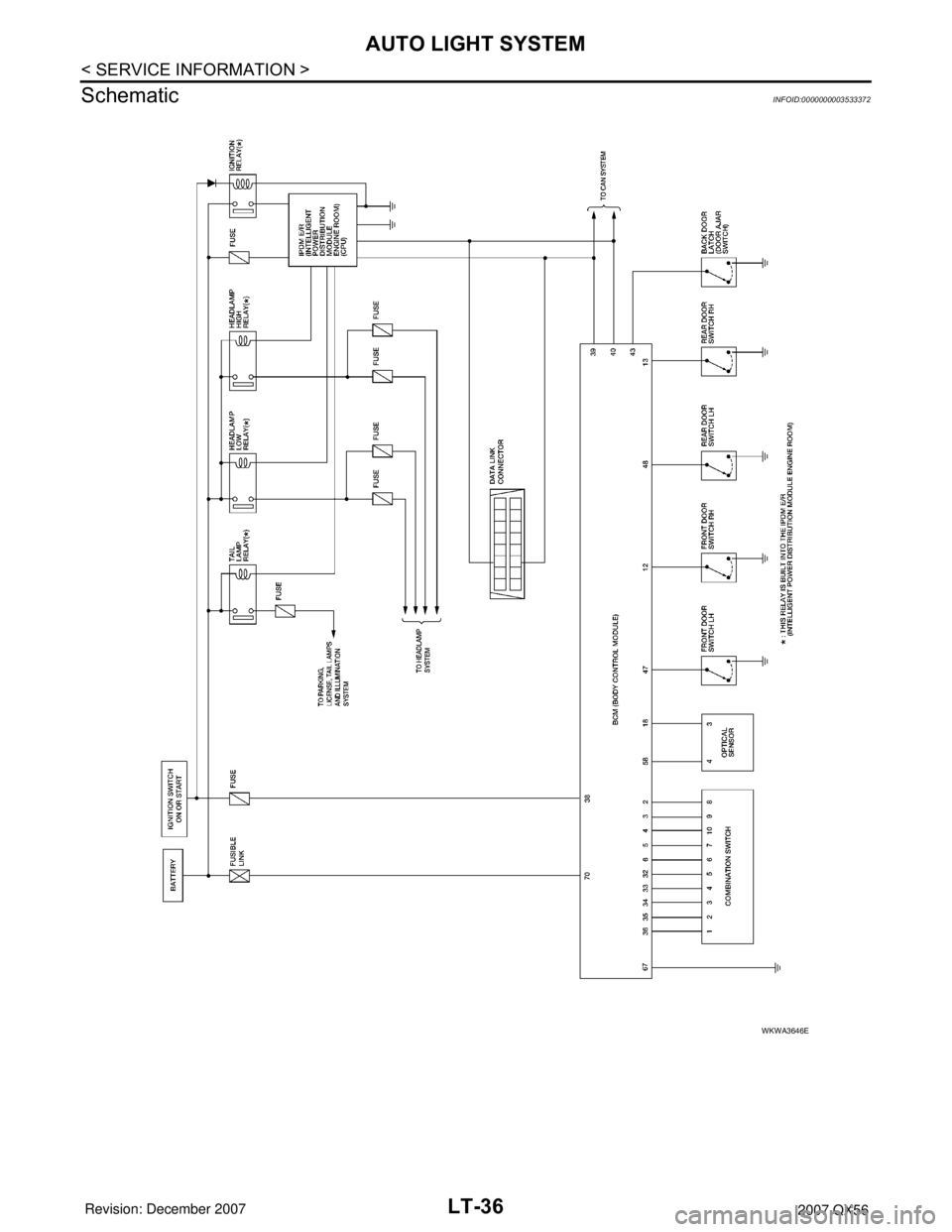 INFINITI QX56 2007  Factory Service Manual LT-36
< SERVICE INFORMATION >
AUTO LIGHT SYSTEM
Schematic
INFOID:0000000003533372
WKWA3646E 