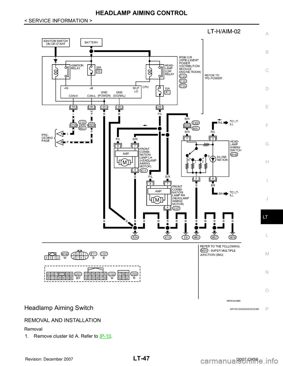 INFINITI QX56 2007  Factory Service Manual HEADLAMP AIMING CONTROL
LT-47
< SERVICE INFORMATION >
C
D
E
F
G
H
I
J
L
MA
B
LT
N
O
P
Headlamp Aiming SwitchINFOID:0000000003533386
REMOVAL AND INSTALLATION 
Removal
1. Remove cluster lid A. Refer to 