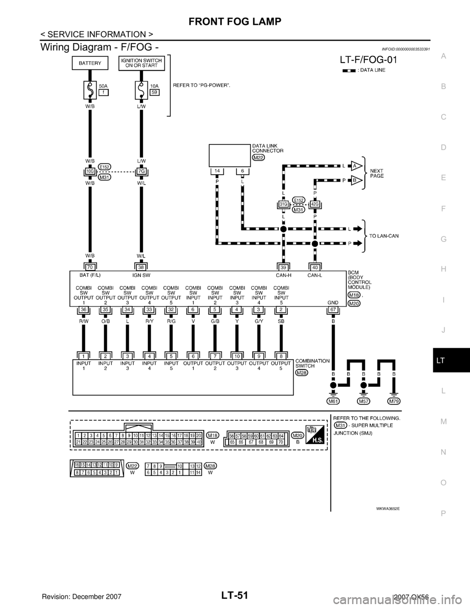 INFINITI QX56 2007  Factory Service Manual FRONT FOG LAMP
LT-51
< SERVICE INFORMATION >
C
D
E
F
G
H
I
J
L
MA
B
LT
N
O
P
Wiring Diagram - F/FOG -INFOID:0000000003533391
WKWA3652E 
