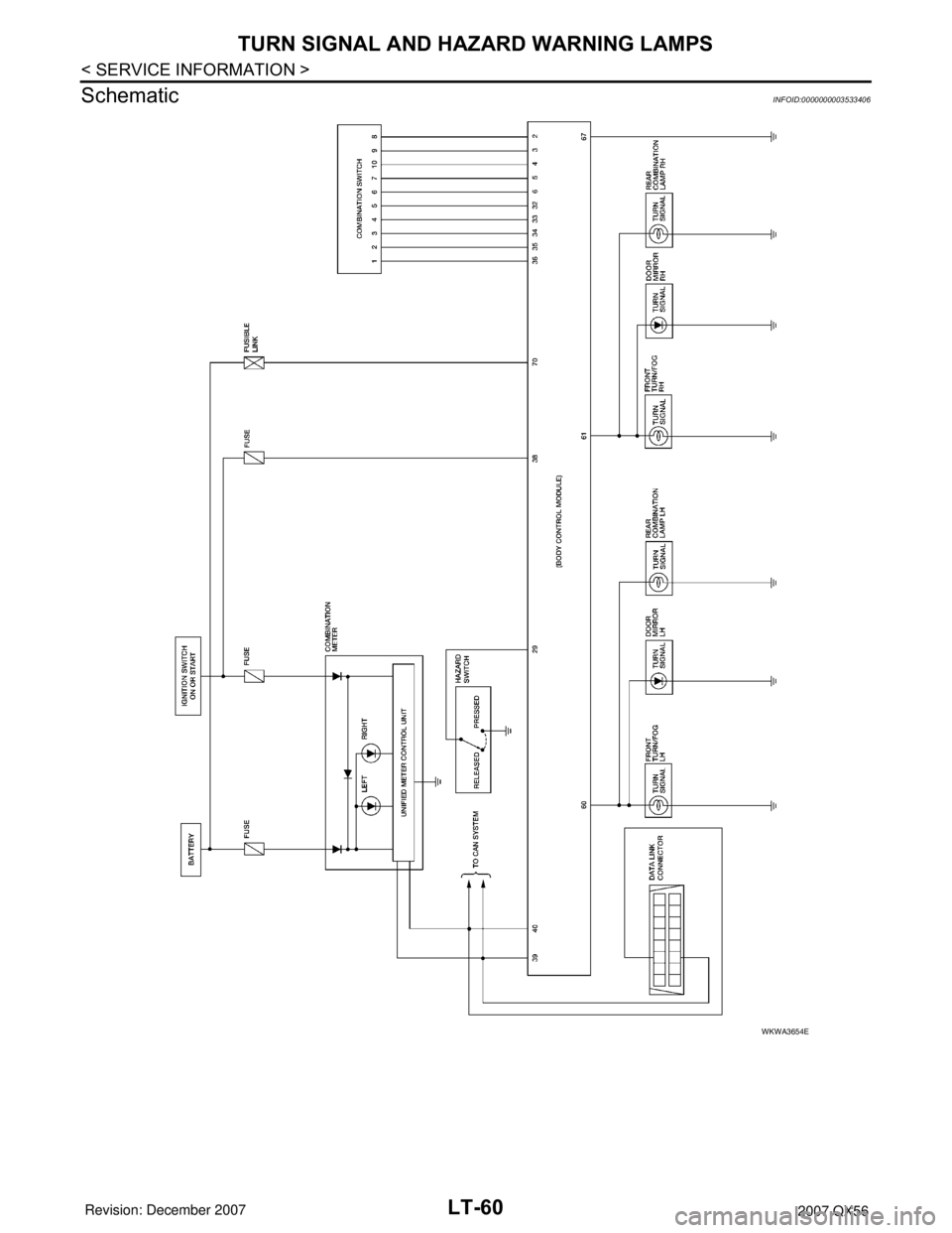 INFINITI QX56 2007  Factory Service Manual LT-60
< SERVICE INFORMATION >
TURN SIGNAL AND HAZARD WARNING LAMPS
Schematic
INFOID:0000000003533406
WKWA3654E 