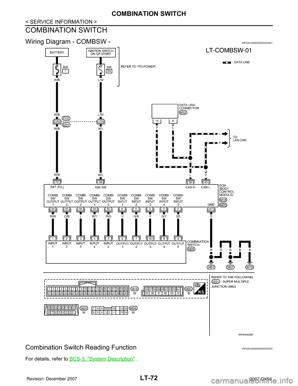 INFINITI QX56 2007  Factory Service Manual LT-72
< SERVICE INFORMATION >
COMBINATION SWITCH
COMBINATION SWITCH
Wiring Diagram - COMBSW -INFOID:0000000003533421
Combination Switch Reading FunctionINFOID:0000000003533422
For details, refer to BC