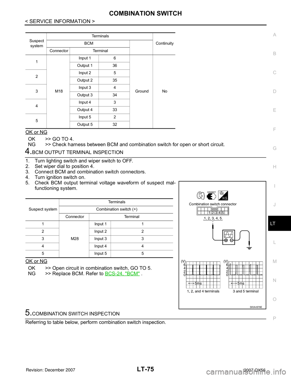 INFINITI QX56 2007 Factory Service Manual COMBINATION SWITCH
LT-75
< SERVICE INFORMATION >
C
D
E
F
G
H
I
J
L
MA
B
LT
N
O
P
OK or NG
OK >> GO TO 4.
NG >> Check harness between BCM and combination switch for open or short circuit.
4.BCM OUTPUT INFINITI QX56 2007 Factory Service Manual COMBINATION SWITCH
LT-75
< SERVICE INFORMATION >
C
D
E
F
G
H
I
J
L
MA
B
LT
N
O
P
OK or NG
OK >> GO TO 4.
NG >> Check harness between BCM and combination switch for open or short circuit.
4.BCM OUTPUT