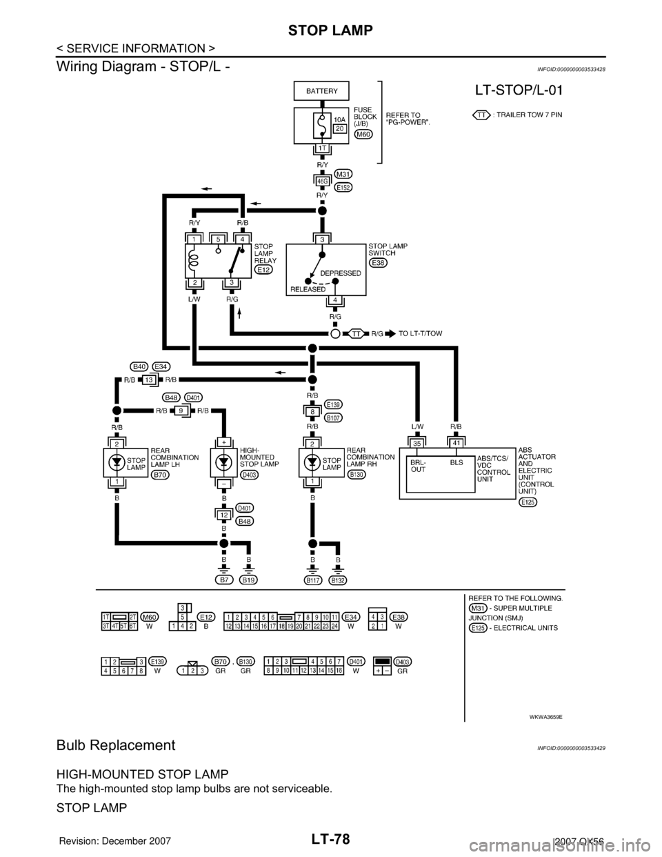 INFINITI QX56 2007  Factory Service Manual LT-78
< SERVICE INFORMATION >
STOP LAMP
Wiring Diagram - STOP/L -
INFOID:0000000003533428
Bulb ReplacementINFOID:0000000003533429
HIGH-MOUNTED STOP LAMP
The high-mounted stop lamp bulbs are not servic