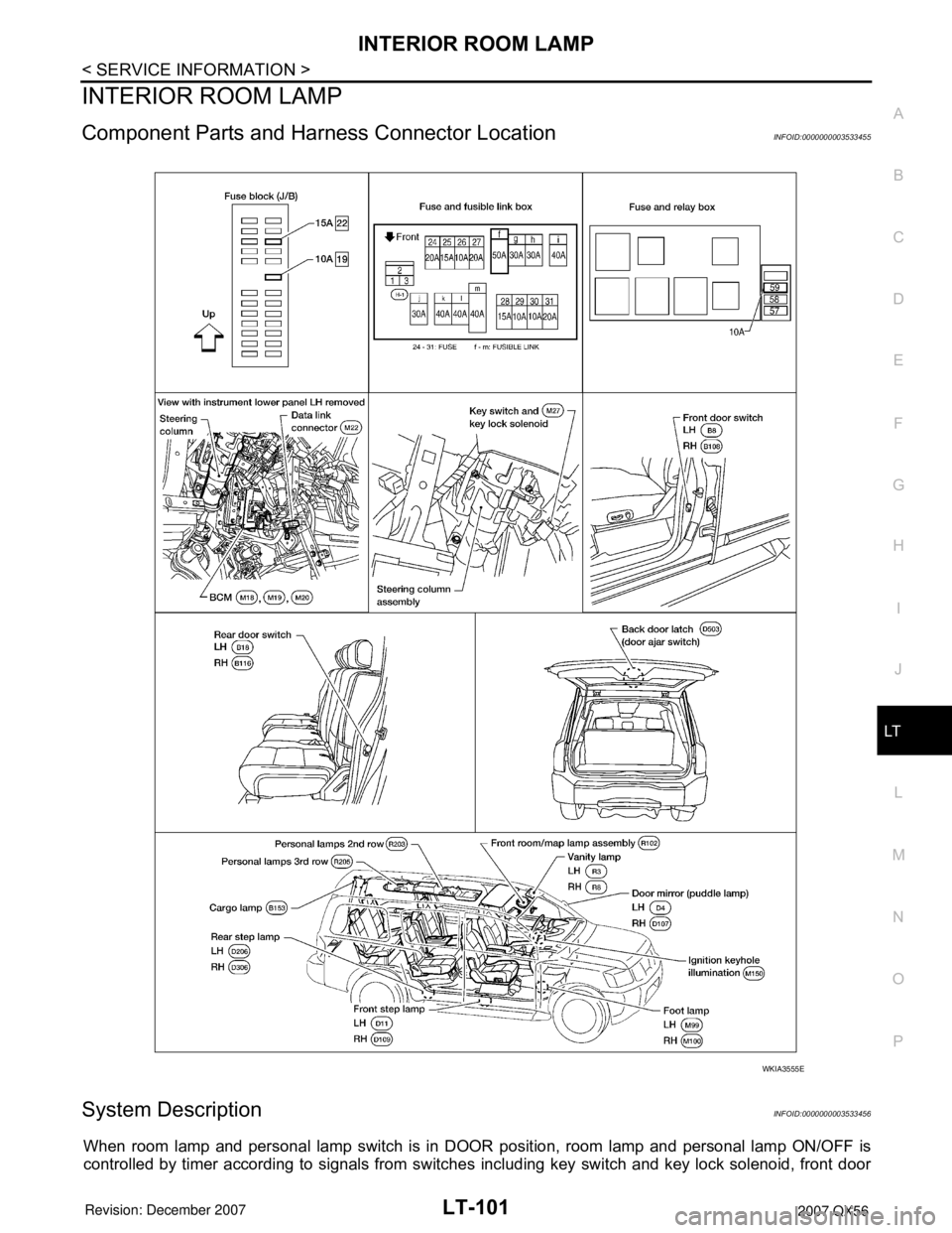 INFINITI QX56 2007  Factory Service Manual INTERIOR ROOM LAMP
LT-101
< SERVICE INFORMATION >
C
D
E
F
G
H
I
J
L
MA
B
LT
N
O
P
INTERIOR ROOM LAMP
Component Parts and Harness Connector LocationINFOID:0000000003533455
System DescriptionINFOID:0000