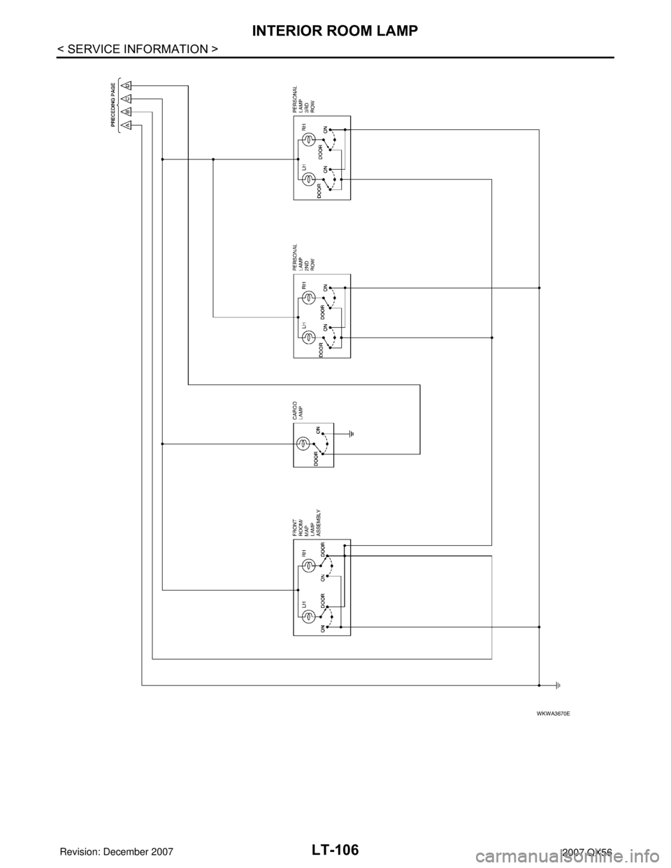 INFINITI QX56 2007  Factory Service Manual LT-106
< SERVICE INFORMATION >
INTERIOR ROOM LAMP
WKWA3670E 