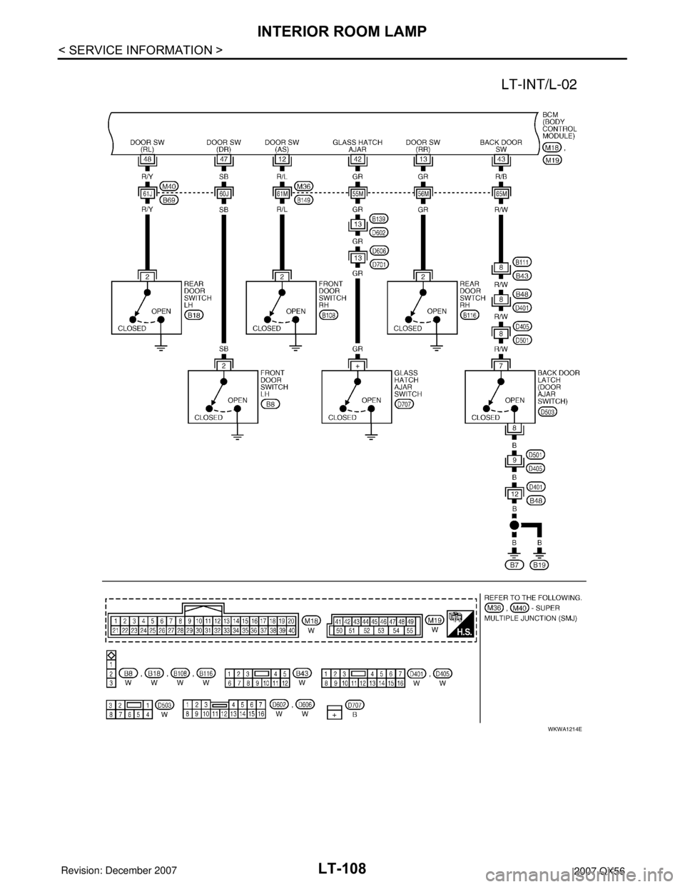 INFINITI QX56 2007  Factory Service Manual LT-108
< SERVICE INFORMATION >
INTERIOR ROOM LAMP
WKWA1214E 