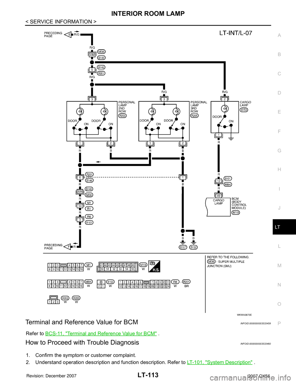 INFINITI QX56 2007  Factory Service Manual INTERIOR ROOM LAMP
LT-113
< SERVICE INFORMATION >
C
D
E
F
G
H
I
J
L
MA
B
LT
N
O
P
Terminal and Reference Value for BCMINFOID:0000000003533459
Refer to BCS-11, "Terminal and Reference Value for BCM" .
