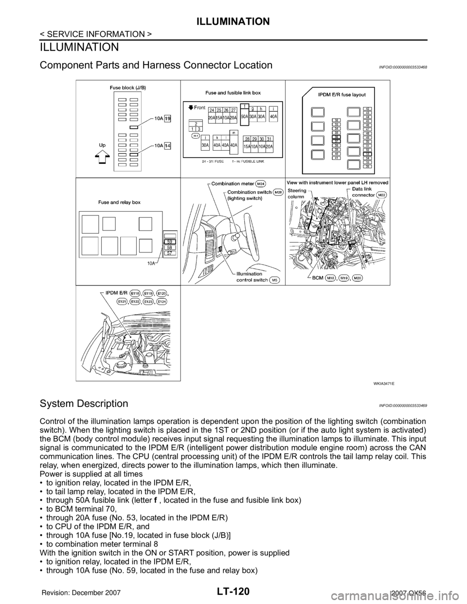 INFINITI QX56 2007  Factory Service Manual LT-120
< SERVICE INFORMATION >
ILLUMINATION
ILLUMINATION
Component Parts and Harness Connector LocationINFOID:0000000003533468
System DescriptionINFOID:0000000003533469
Control of the illumination lam