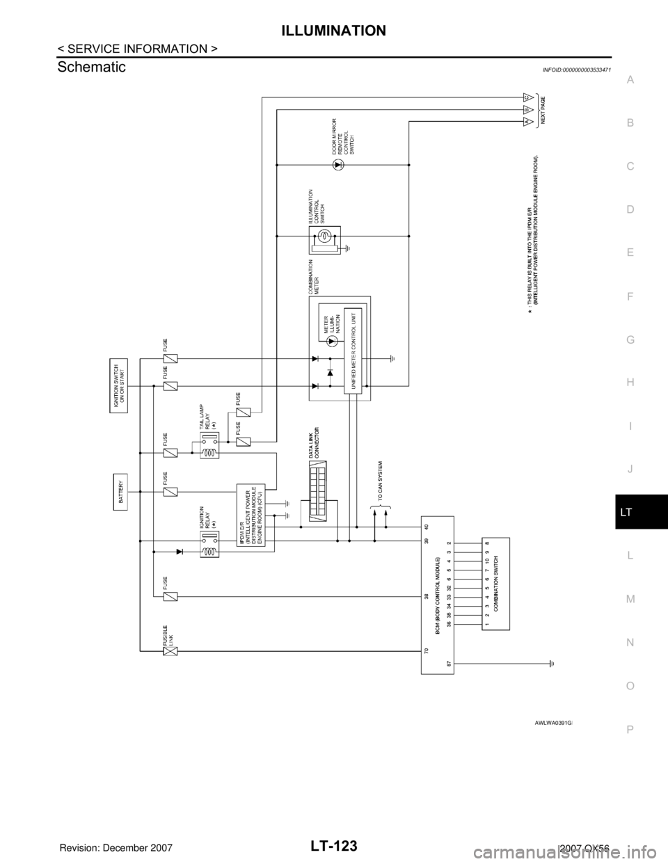 INFINITI QX56 2007  Factory Service Manual ILLUMINATION
LT-123
< SERVICE INFORMATION >
C
D
E
F
G
H
I
J
L
MA
B
LT
N
O
P
SchematicINFOID:0000000003533471
AWLWA0391GB 