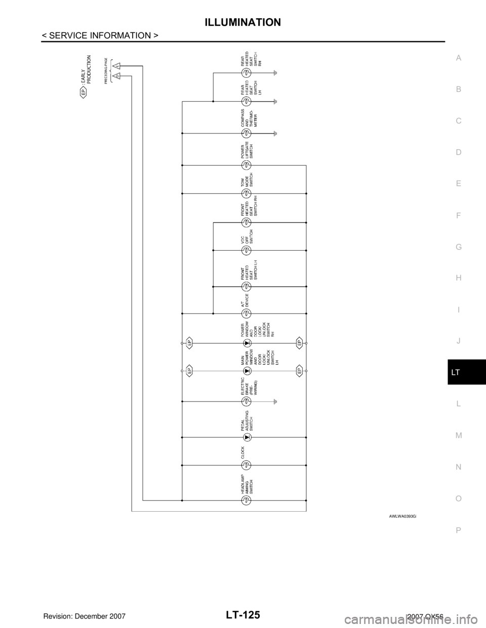 INFINITI QX56 2007  Factory Service Manual ILLUMINATION
LT-125
< SERVICE INFORMATION >
C
D
E
F
G
H
I
J
L
MA
B
LT
N
O
P
AWLWA0393GB 