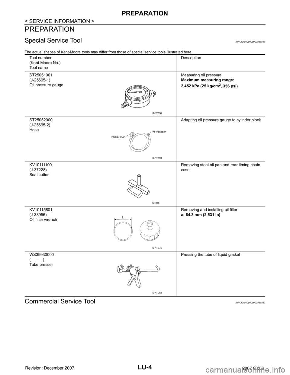 INFINITI QX56 2007  Factory Service Manual LU-4
< SERVICE INFORMATION >
PREPARATION
PREPARATION
Special Service ToolINFOID:0000000003531551
The actual shapes of Kent-Moore tools may differ from those of special service tools illustrated here.
