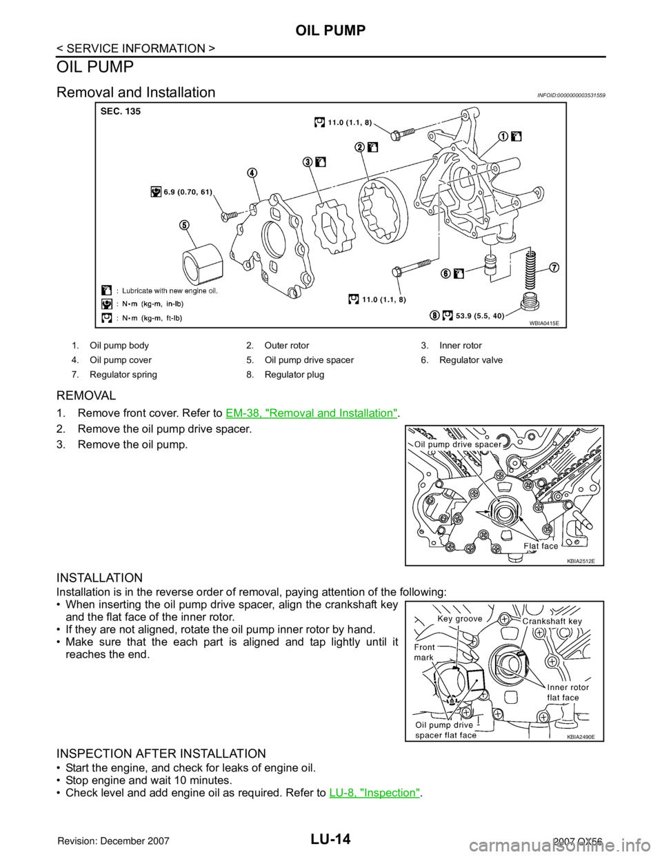 INFINITI QX56 2007  Factory Service Manual LU-14
< SERVICE INFORMATION >
OIL PUMP
OIL PUMP
Removal and InstallationINFOID:0000000003531559
REMOVAL
1. Remove front cover. Refer to EM-38, "Removal and Installation". 
2. Remove the oil pump drive