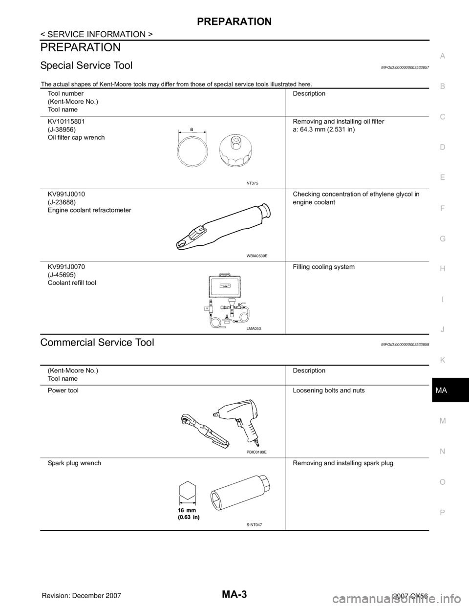 INFINITI QX56 2007  Factory Service Manual PREPARATION
MA-3
< SERVICE INFORMATION >
C
D
E
F
G
H
I
J
K
MA
B
MA
N
O
P
PREPARATION
Special Service ToolINFOID:0000000003533857
The actual shapes of Kent-Moore tools may differ from those of special 