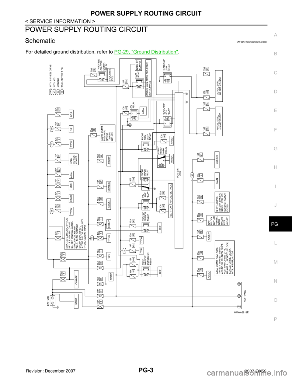 INFINITI QX56 2007  Factory Service Manual POWER SUPPLY ROUTING CIRCUIT
PG-3
< SERVICE INFORMATION >
C
D
E
F
G
H
I
J
L
MA
B
PG
N
O
P
POWER SUPPLY ROUTING CIRCUIT
SchematicINFOID:0000000003533830
For detailed ground distribution, refer to PG-29