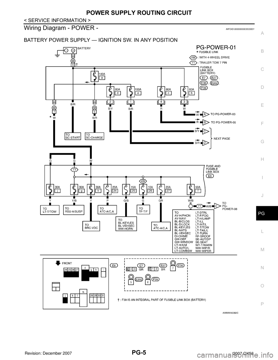 INFINITI QX56 2007  Factory Service Manual POWER SUPPLY ROUTING CIRCUIT
PG-5
< SERVICE INFORMATION >
C
D
E
F
G
H
I
J
L
MA
B
PG
N
O
P
Wiring Diagram - POWER -INFOID:0000000003533831
BATTERY POWER SUPPLY — IGNITION SW. IN ANY POSITION
AWMWA038