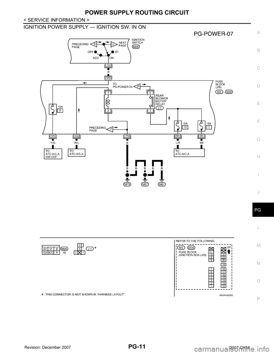 INFINITI QX56 2007  Factory Service Manual POWER SUPPLY ROUTING CIRCUIT
PG-11
< SERVICE INFORMATION >
C
D
E
F
G
H
I
J
L
MA
B
PG
N
O
P
IGNITION POWER SUPPLY — IGNITION SW. IN ON
WKWA3826E 