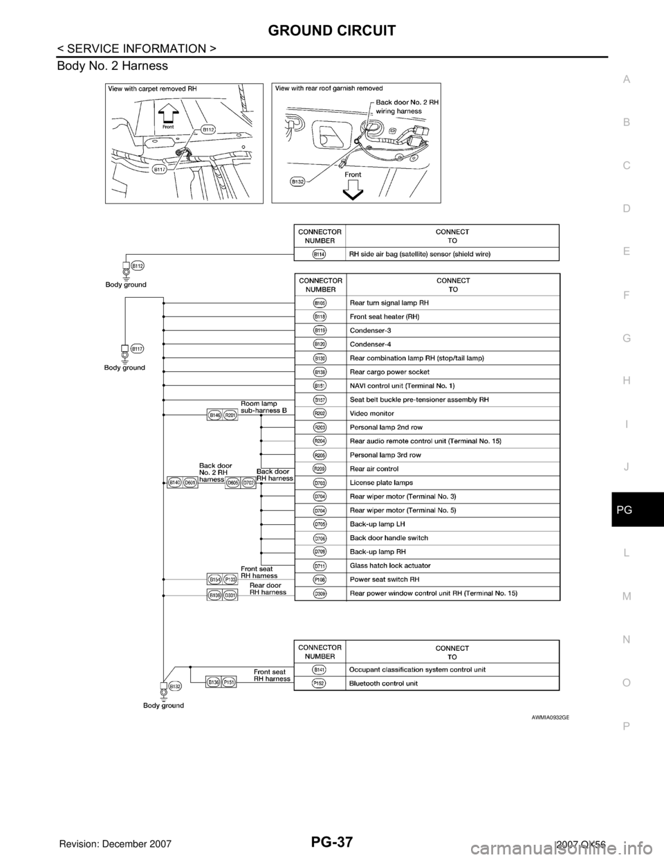INFINITI QX56 2007  Factory Service Manual GROUND CIRCUIT
PG-37
< SERVICE INFORMATION >
C
D
E
F
G
H
I
J
L
MA
B
PG
N
O
P
Body No. 2 Harness
AWMIA0932GB 