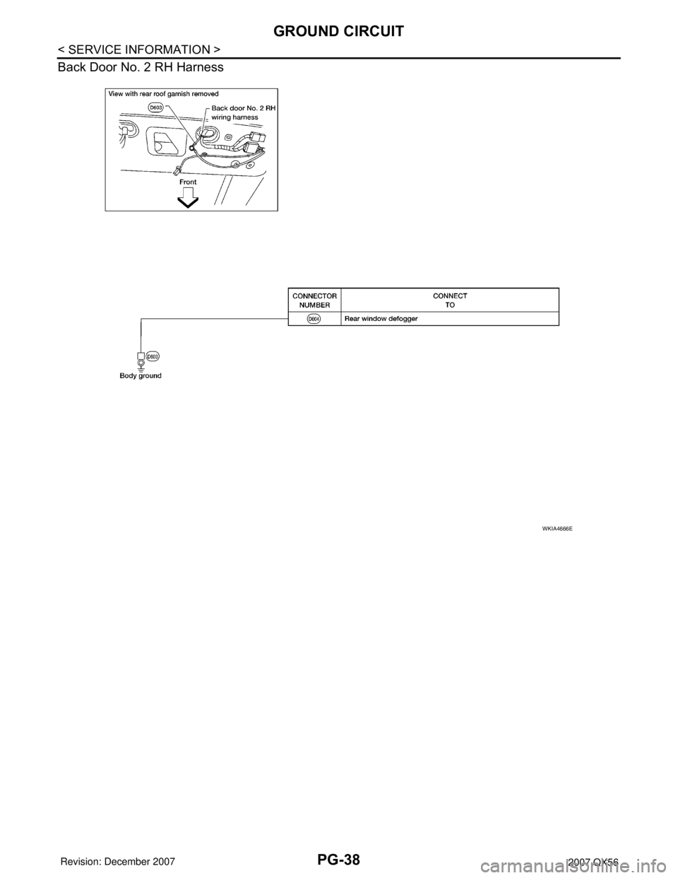 INFINITI QX56 2007  Factory Service Manual PG-38
< SERVICE INFORMATION >
GROUND CIRCUIT
Back Door No. 2 RH Harness
WKIA4666E 
