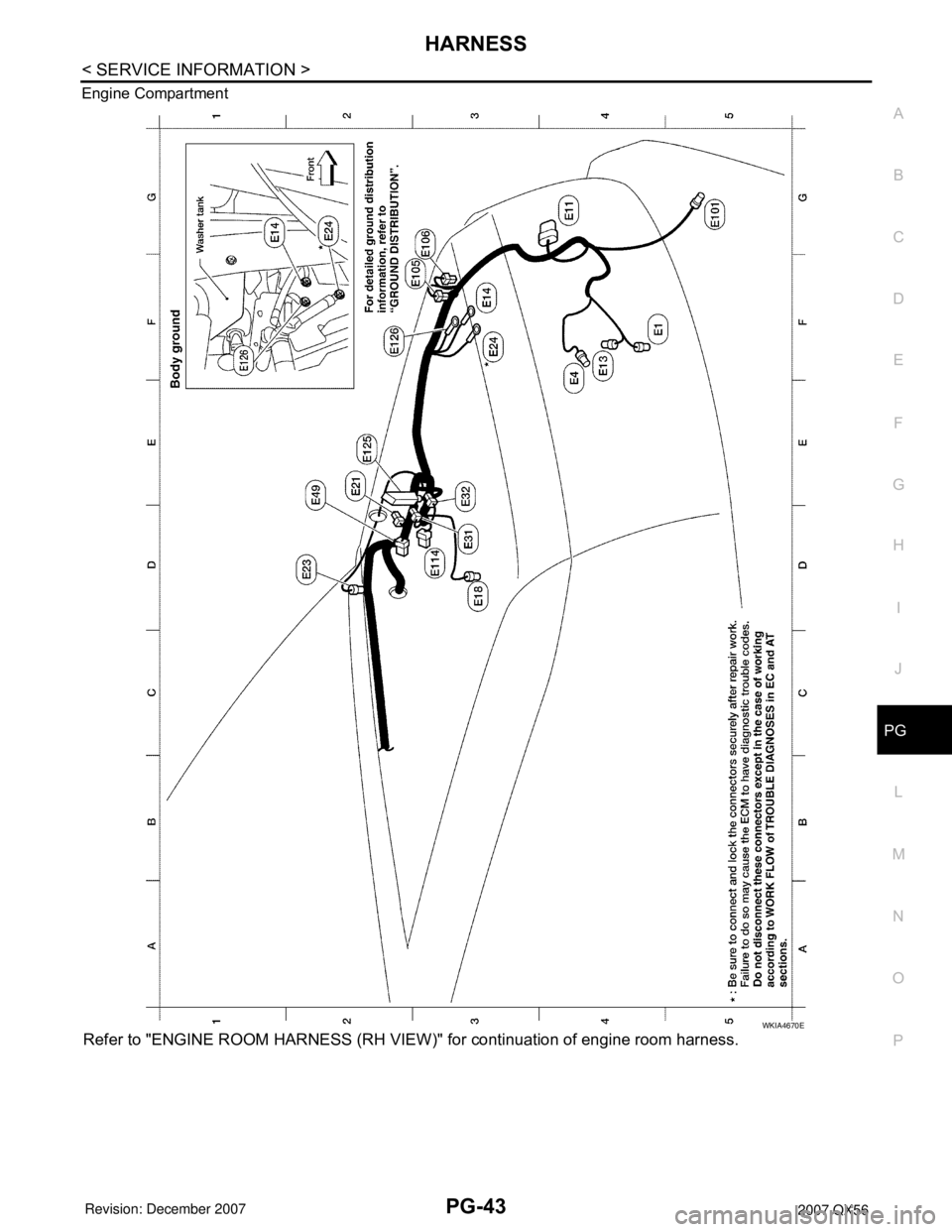 INFINITI QX56 2007  Factory Service Manual HARNESS
PG-43
< SERVICE INFORMATION >
C
D
E
F
G
H
I
J
L
MA
B
PG
N
O
P Engine Compartment
Refer to "ENGINE ROOM HARNESS (RH VIEW)" for continuation of engine room harness.
WKIA4670E 