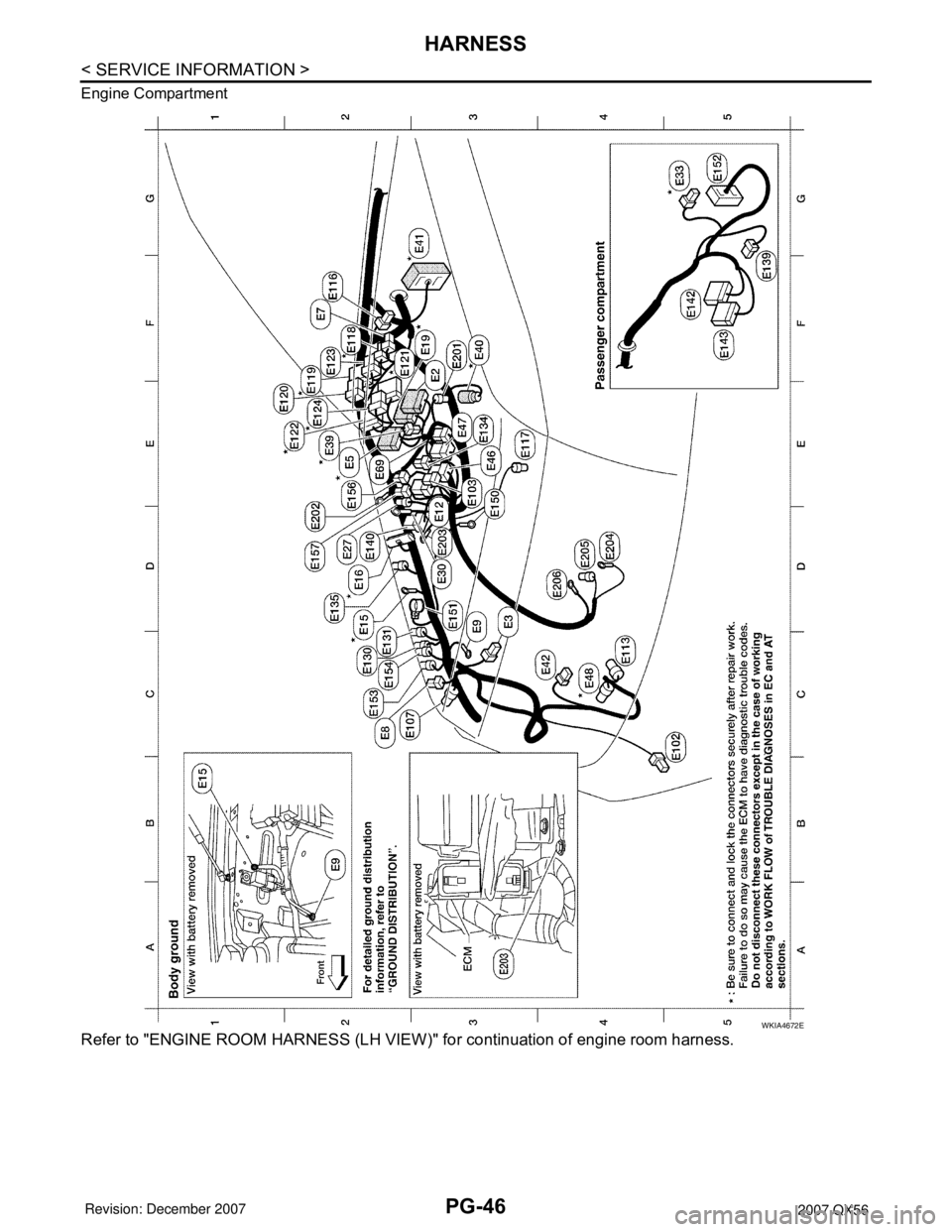 INFINITI QX56 2007  Factory Service Manual PG-46
< SERVICE INFORMATION >
HARNESS
Engine Compartment
Refer to "ENGINE ROOM HARNESS (LH VIEW)" for continuation of engine room harness.
WKIA4672E 
