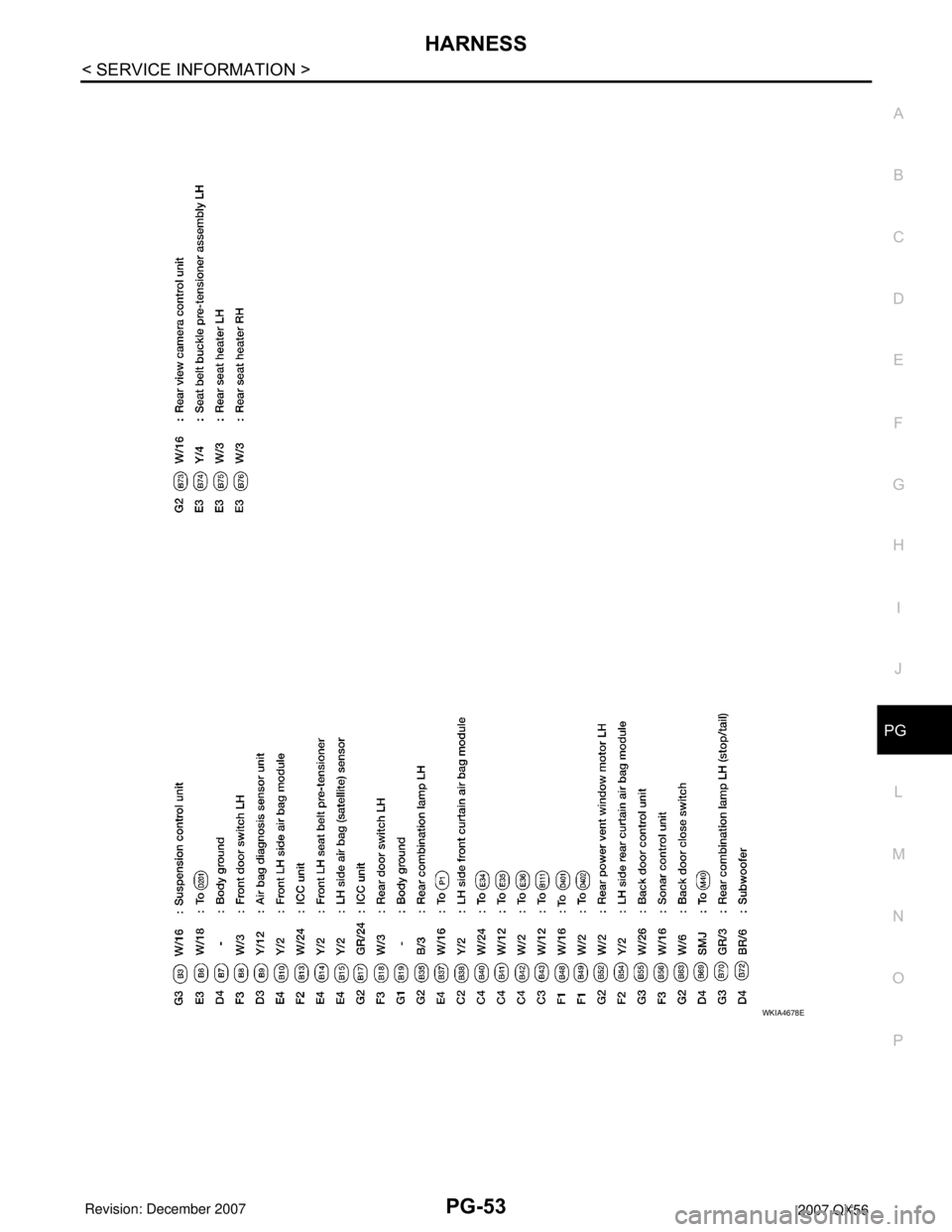 INFINITI QX56 2007  Factory Service Manual HARNESS
PG-53
< SERVICE INFORMATION >
C
D
E
F
G
H
I
J
L
MA
B
PG
N
O
P
WKIA4678E 